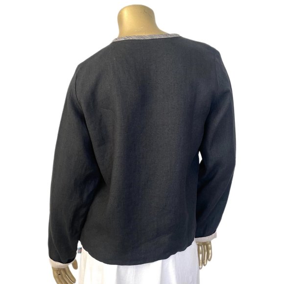 UNBRANDED REVERSIBLE FLAX LINEN BLACK & TAN JACKET  W/ METAL BUTTONS 42" BUST - Picture 5 of 6